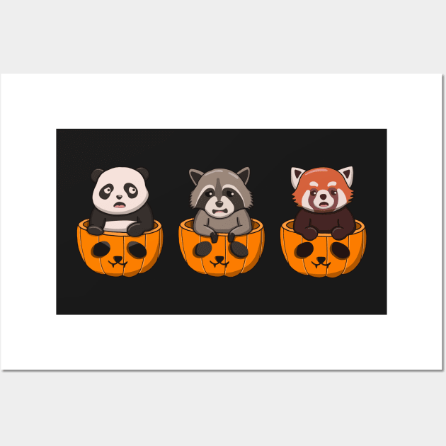 Three Pandas In Pumpkins Wall Art by Luna Illustration